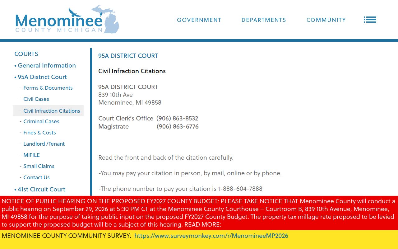 Menominee County civil infraction instructions tied to traffic warrant records