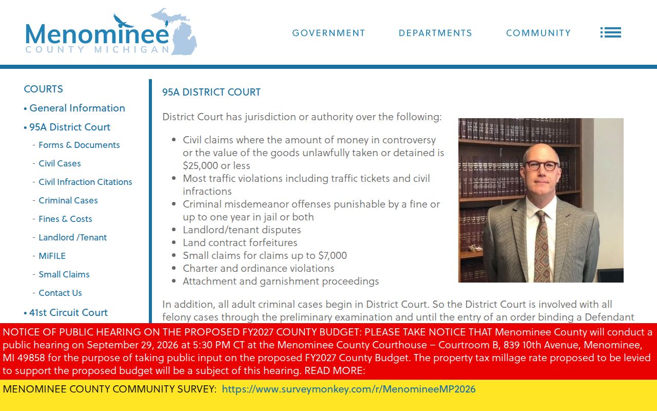 Menominee County 95A District Court page used for warrant search questions