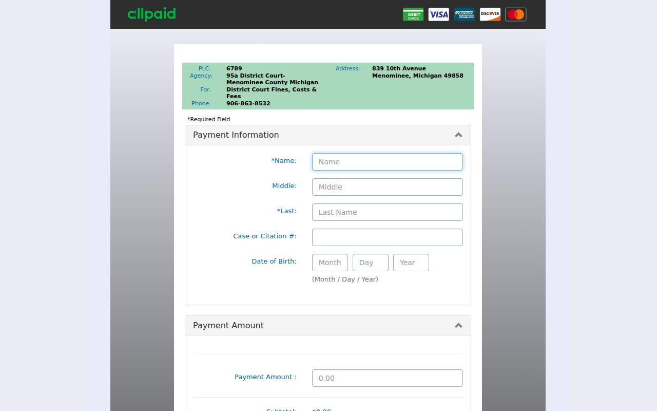 Menominee County payment screen used for balances linked to warrant records