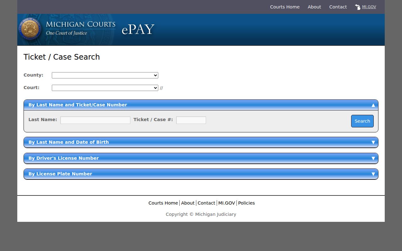 State ticket and case search screen that does not list Menominee County warrant records