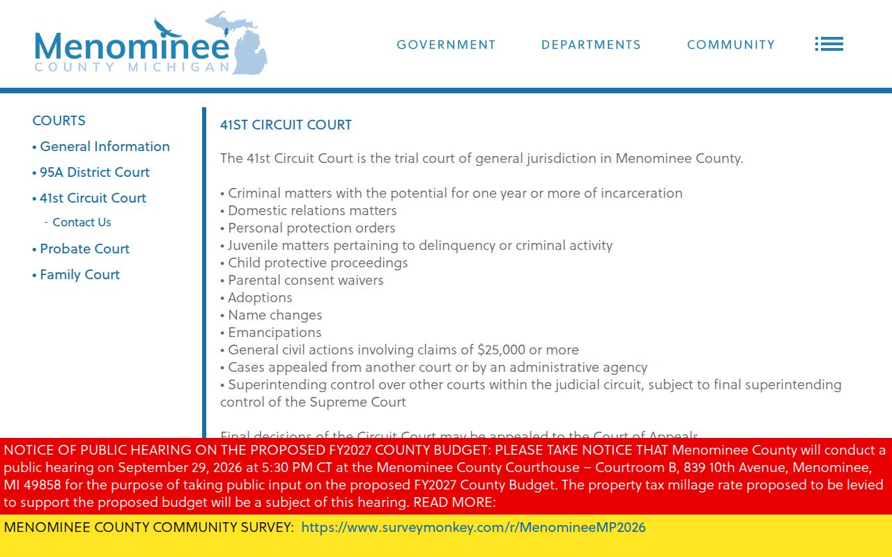 Menominee County 41st Circuit Court page used to confirm active warrant records