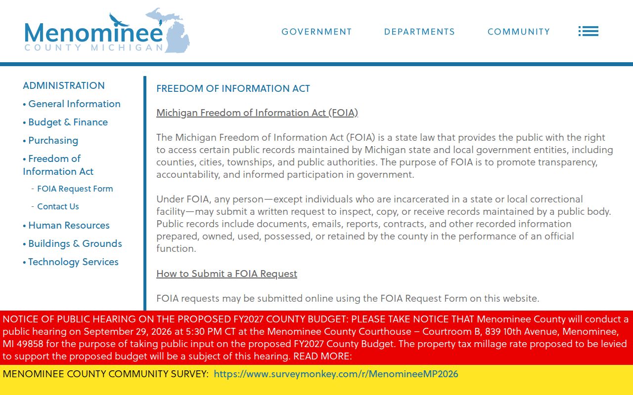 Menominee County FOIA page explaining how to request active warrant records policy