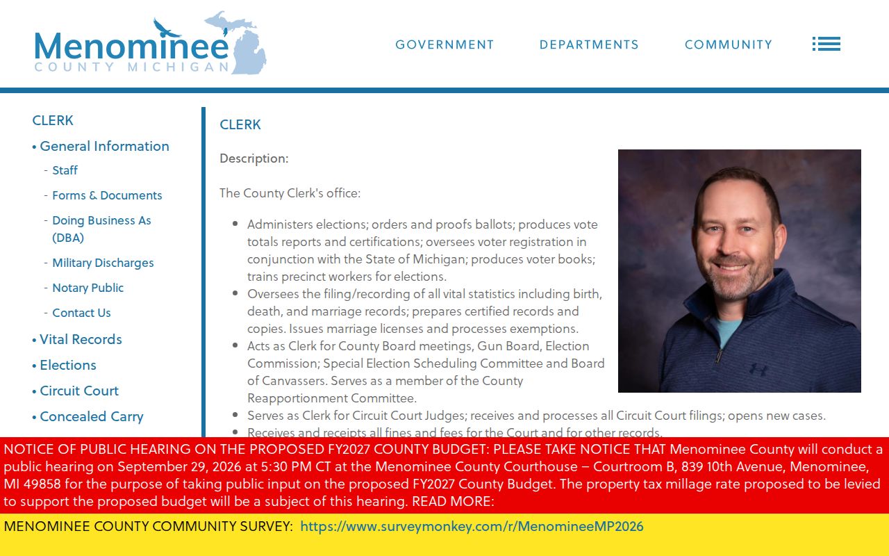 Menominee County Clerk office page used for bench warrant records questions