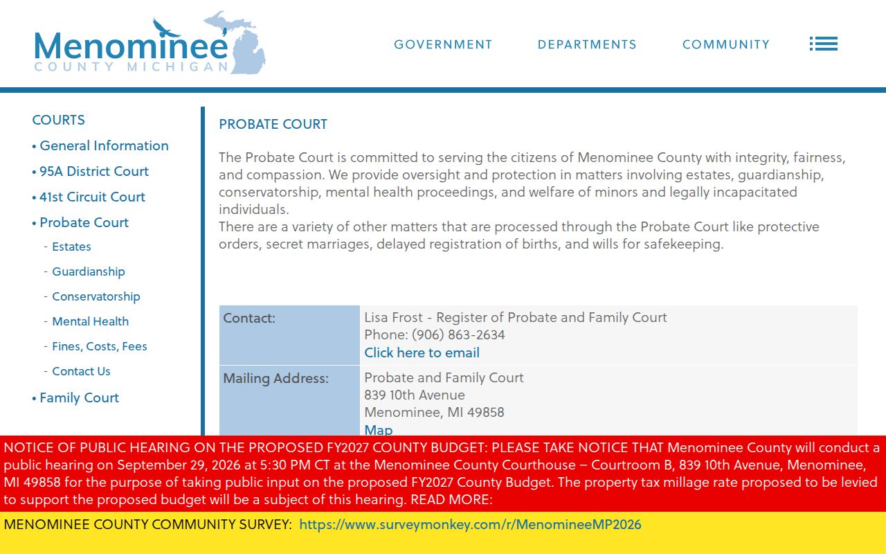 Menominee County Probate and Family Court page tied to family bench warrant records