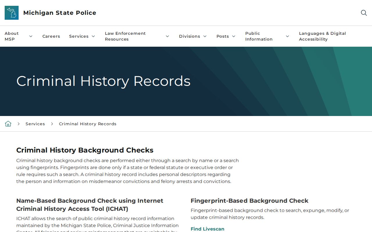 Michigan criminal history page showing no warrant data for Menominee County arrest warrants