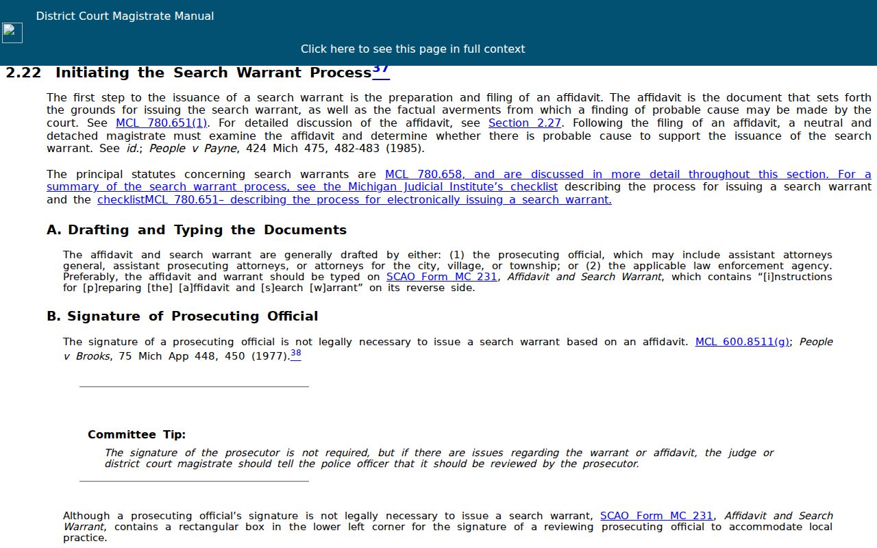 Michigan search warrant process page compared with Menominee County arrest warrant records