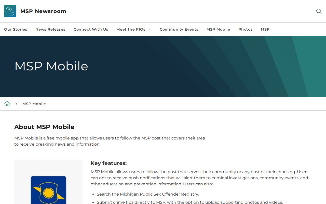 Michigan State Police mobile app page linked to Menominee County most wanted tip reporting
