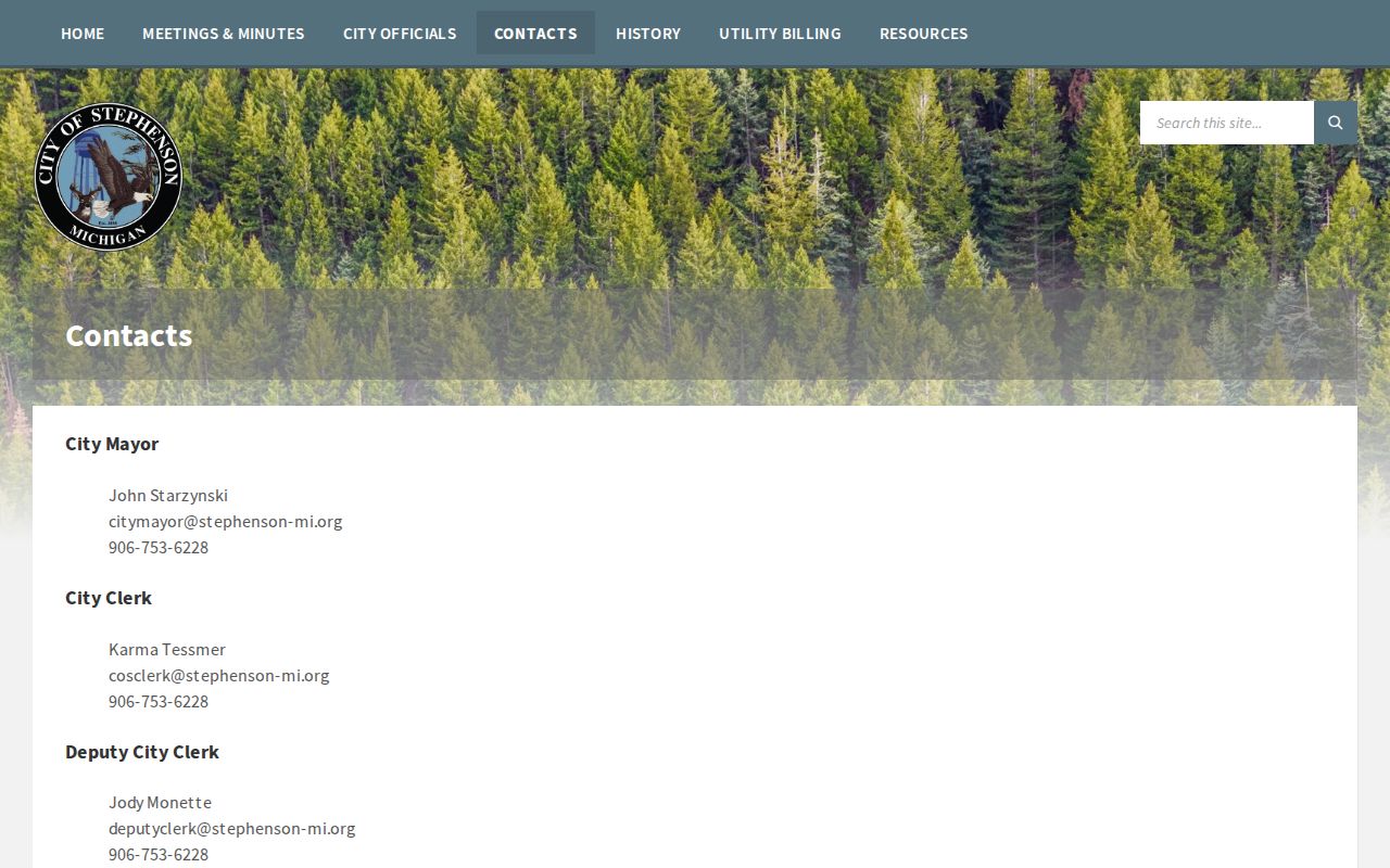 City of Stephenson contacts page showing contract law enforcement for Menominee County municipal court warrant records