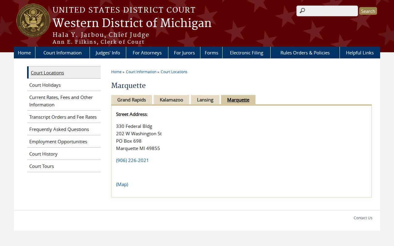 Western District of Michigan courthouse page for federal warrants outside Menominee County arrest warrants