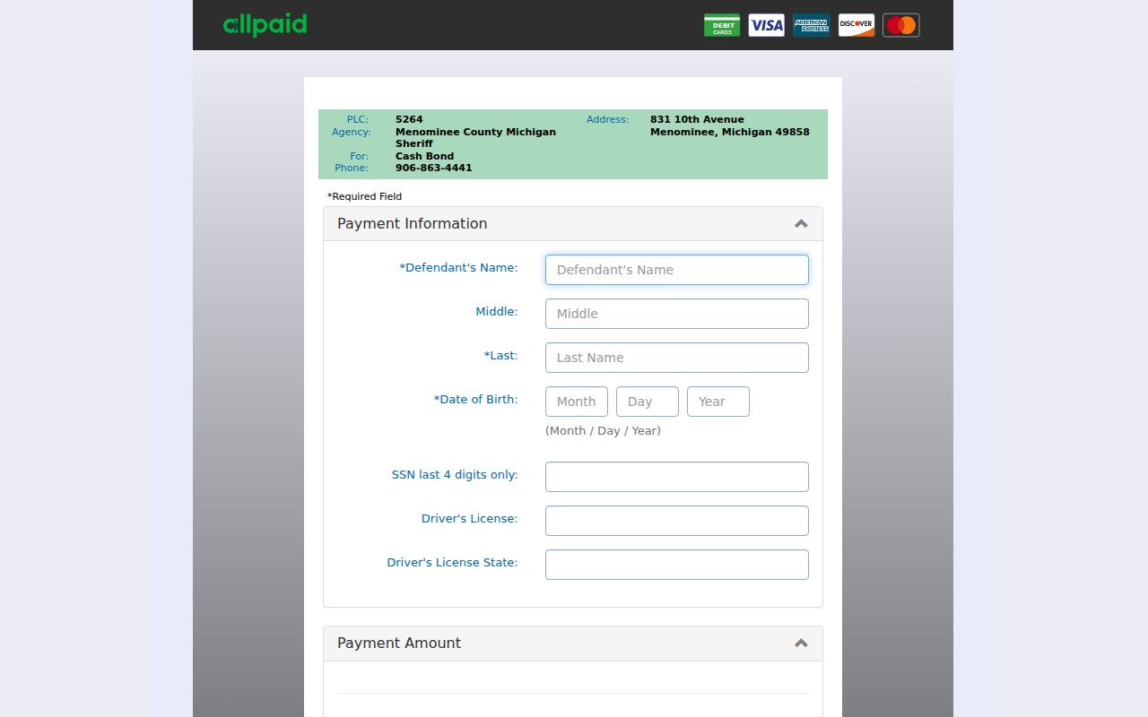 Menominee County cash bond payment form used alongside warrant records