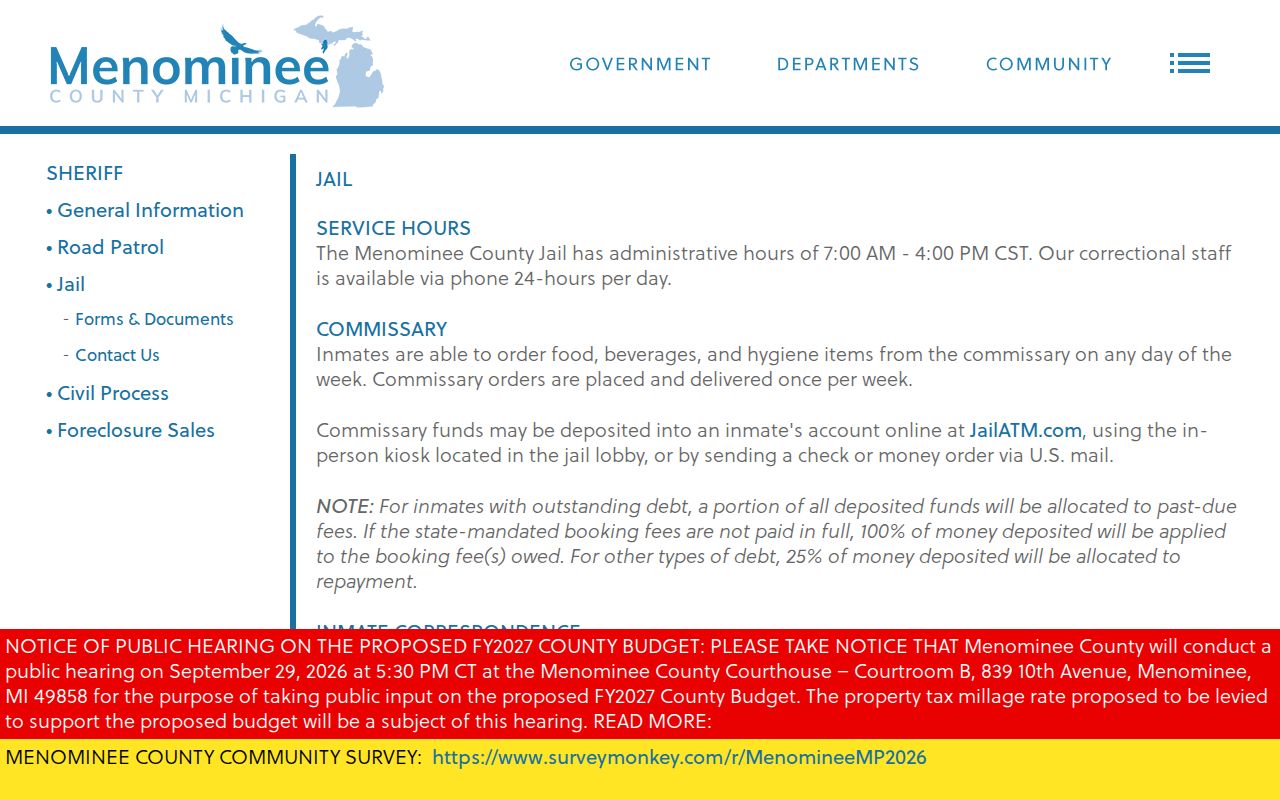 Menominee County jail service hours and bond information for warrant records