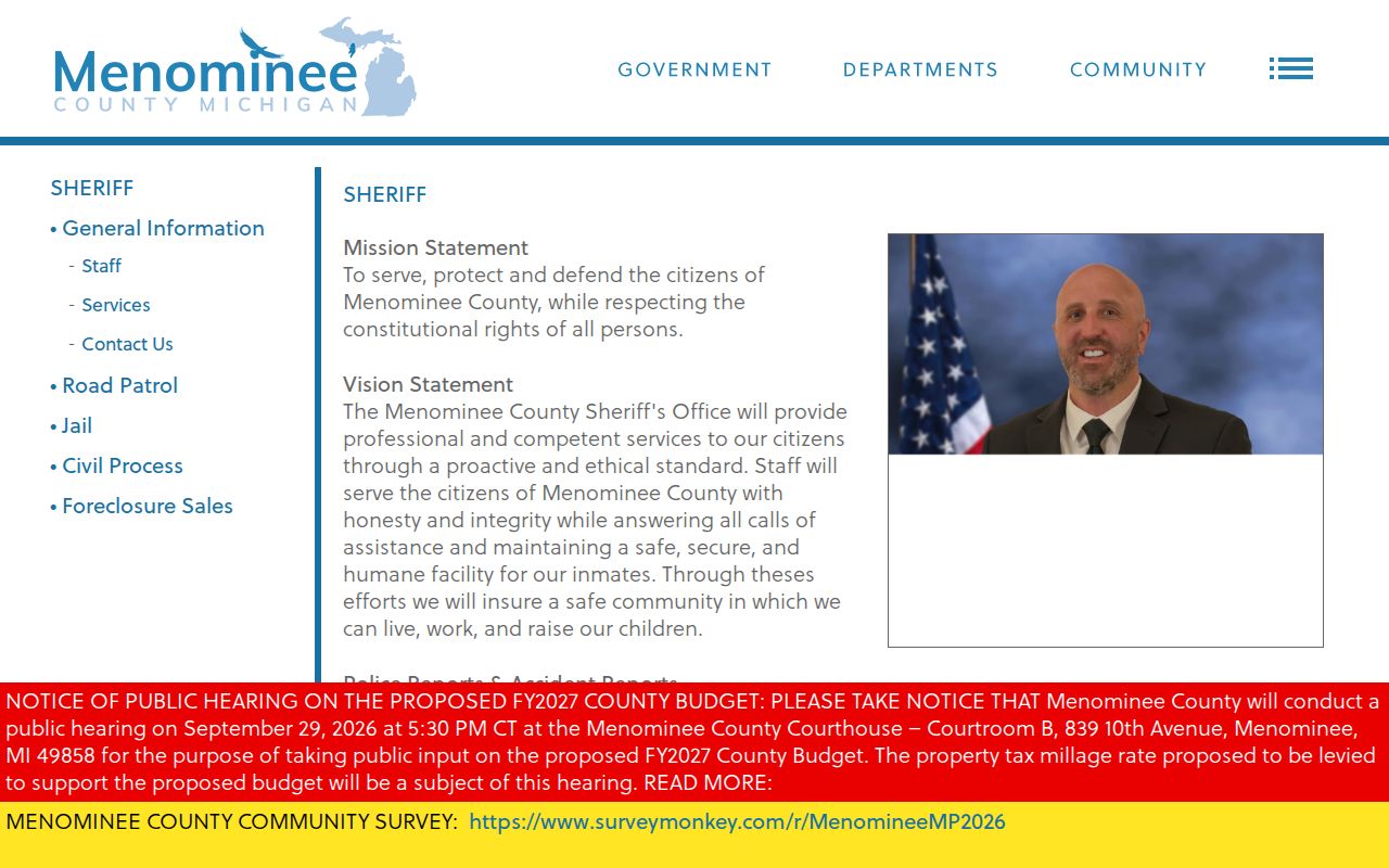 Menominee County Sheriff's Office page used for county warrant records questions